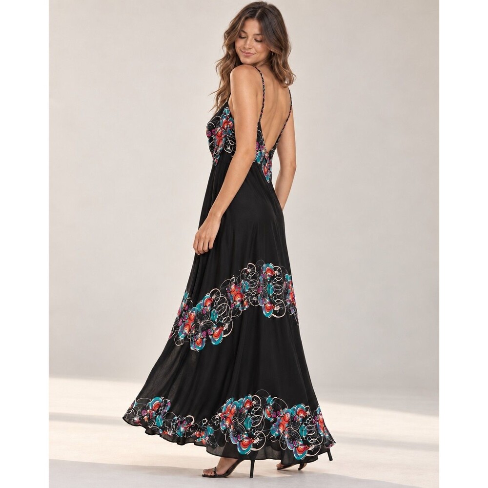 REVOLVE 100% Silk Backless Gown With Braided Straps Y2k Romantic Artsy Abstract